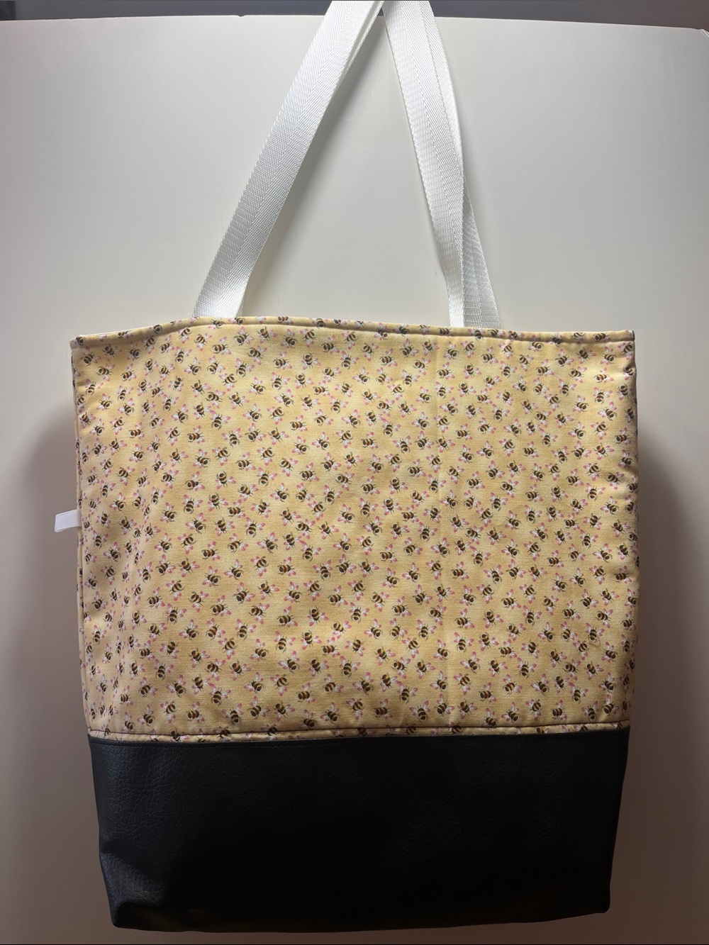 Yellow Bee Tote with Black Base and White Straps